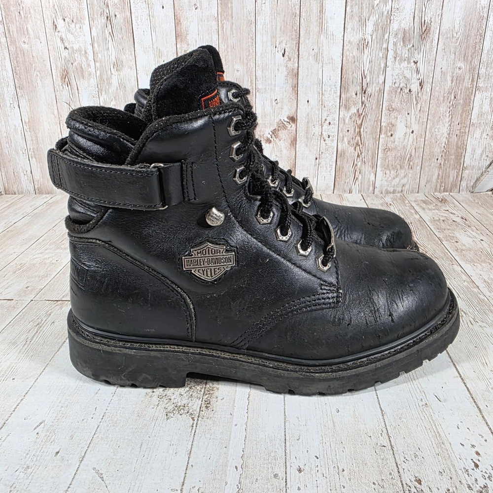 Harley Davidson Mens Black Leather Biker Boots Lace Up Ankle Strap 8.5 Wide Wide
